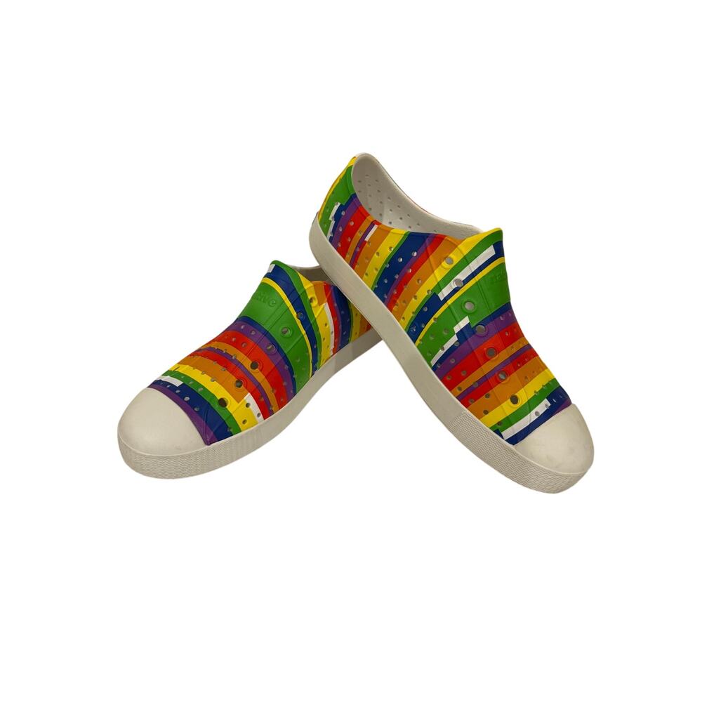 Native Jefferson Women’s 10 Rainbow Stripe Slip On Sneakers Pride Colorful